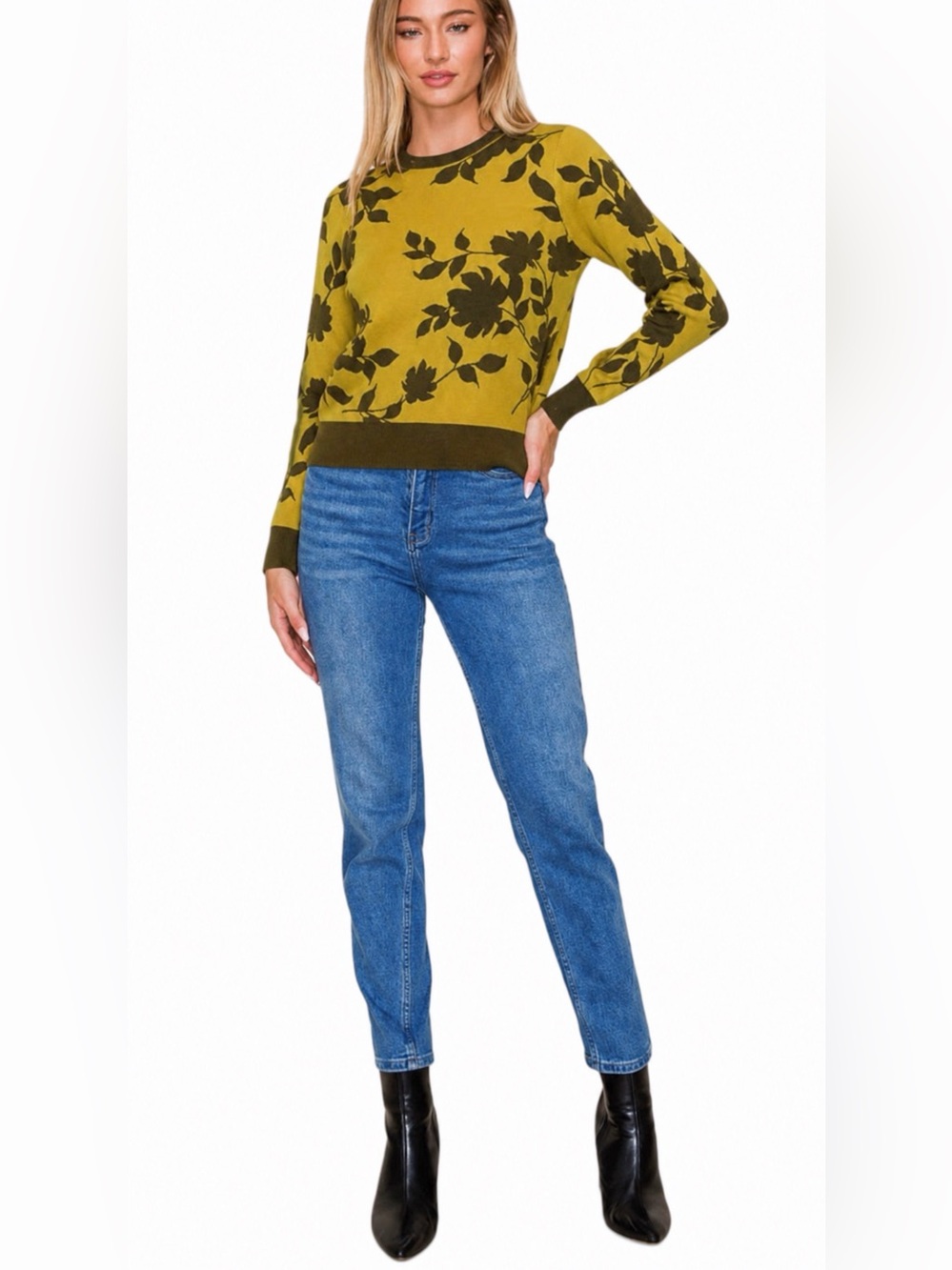 Staccato Olive Green Floral Crewneck Sweater